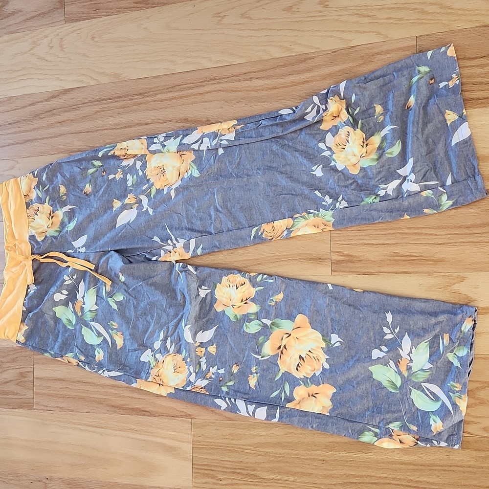 Wide leg lounge pants Floral yellow gray drawstring medium